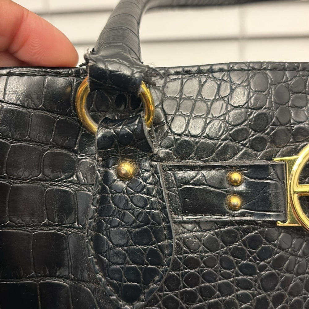 Tommy Hilfiger Black Crocodile-Embossed Open Tote Bag Gold Hardware - Picture 8 of 10